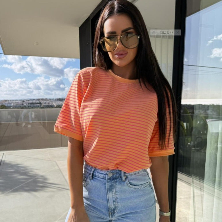 Loose Striped T-Shirt with Round Neck