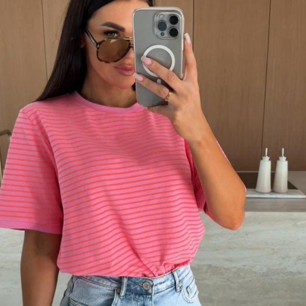 Loose Striped T-Shirt with Round Neck