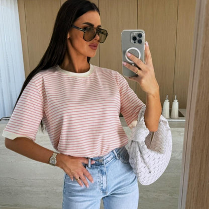 Loose Striped T-Shirt with Round Neck