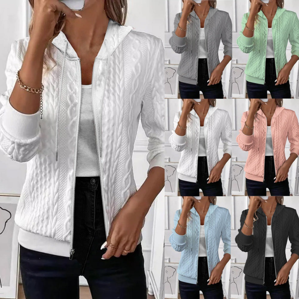 Textured Knit Zip-Up Hoodie with Long Sleeves