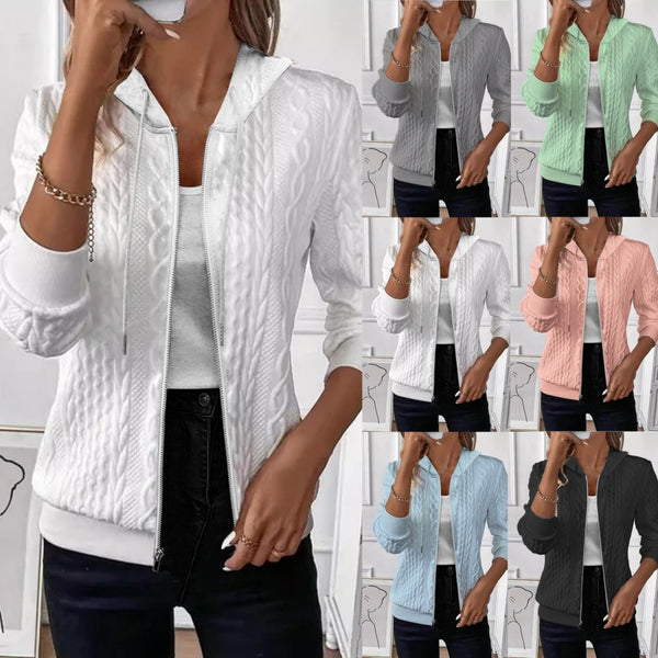 Textured Knit Zip-Up Hoodie with Long Sleeves