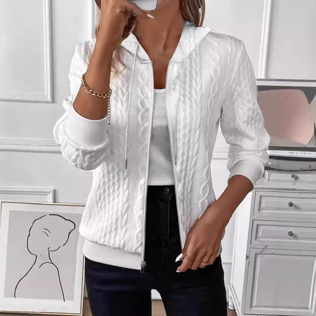 Textured Knit Zip-Up Hoodie with Long Sleeves