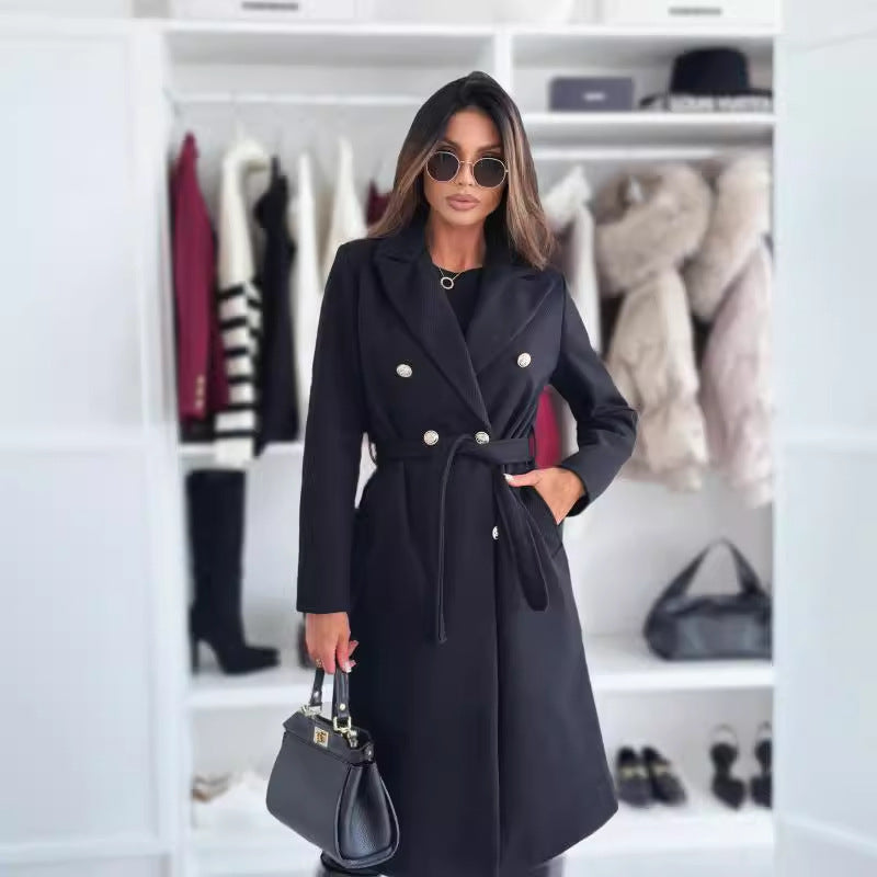 Double-Breasted Midi Coat with Suit Collar and Tie Belt