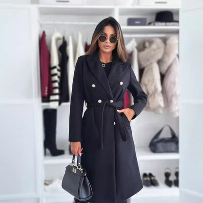 Double-Breasted Midi Coat with Suit Collar and Tie Belt