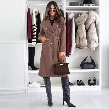 Double-Breasted Midi Coat with Suit Collar and Tie Belt