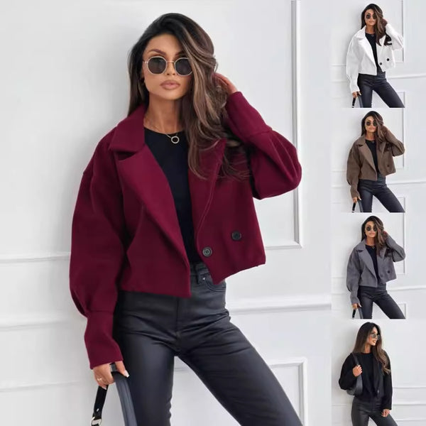 Cropped Woolen-Look Coat with Notched Lapel and Gathered Cuffs