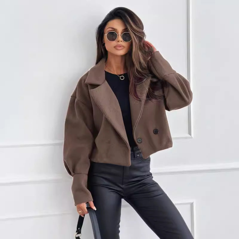 Cropped Woolen-Look Coat with Notched Lapel and Gathered Cuffs