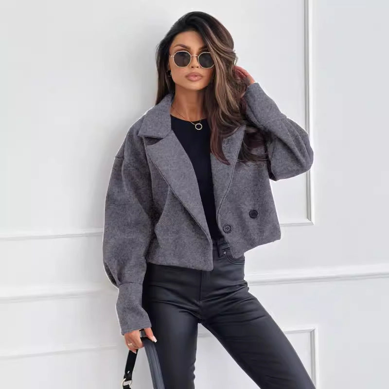 Cropped Woolen-Look Coat with Notched Lapel and Gathered Cuffs