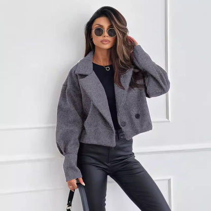 Cropped Woolen-Look Coat with Notched Lapel and Gathered Cuffs