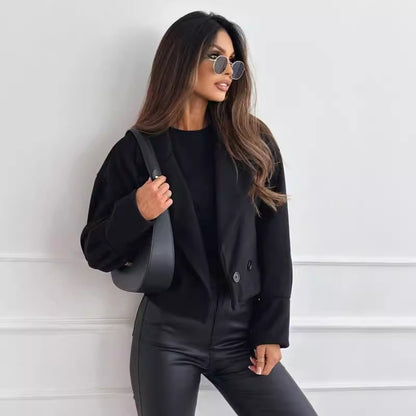 Cropped Woolen-Look Coat with Notched Lapel and Gathered Cuffs