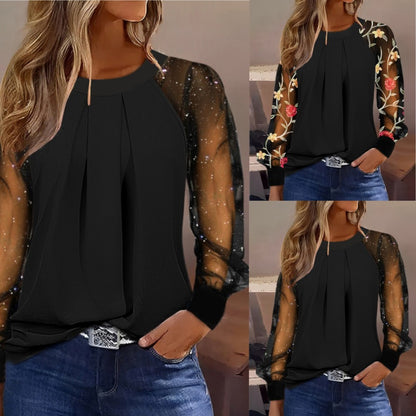 Black Round Neck Blouse with Sheer Glitter Puff Sleeves