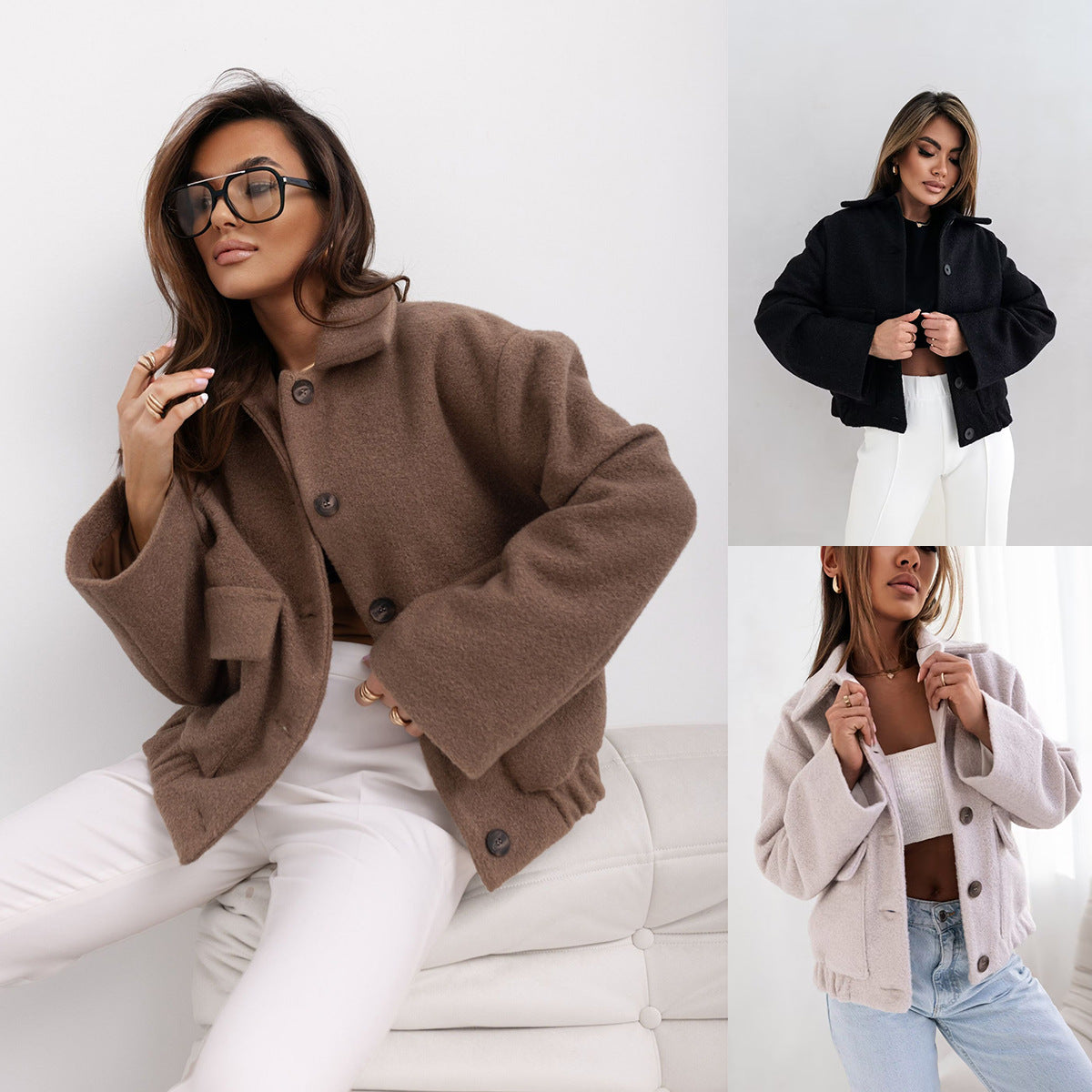 Cropped Shacket with Lapel Collar and Ribbed Hem