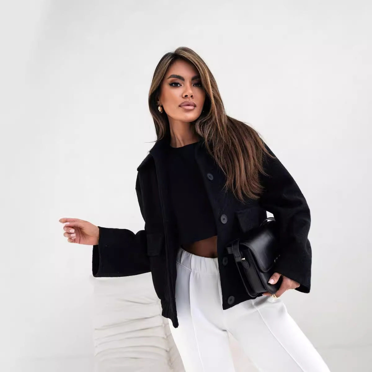 Cropped Shacket with Lapel Collar and Ribbed Hem