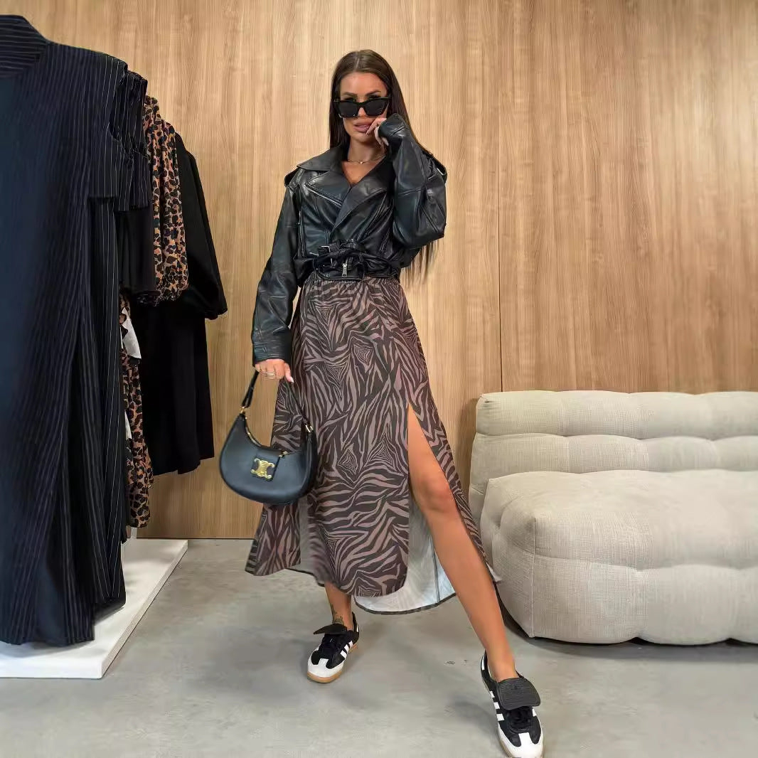 Printed A-Line Long Skirt with High-Waist and Side Split