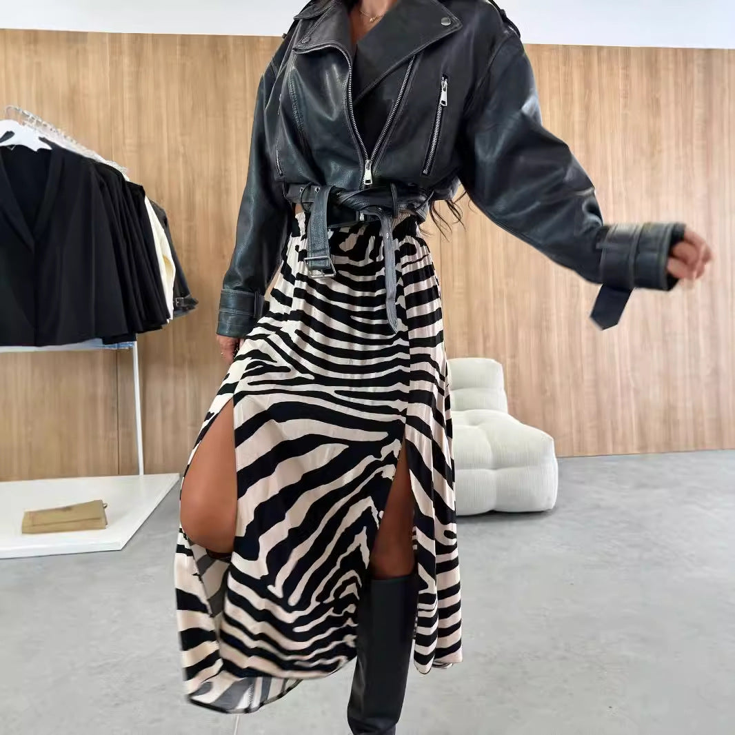 Printed A-Line Long Skirt with High-Waist and Side Split