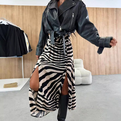 Printed A-Line Long Skirt with High-Waist and Side Split