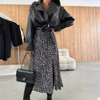 Printed A-Line Long Skirt with High-Waist and Side Split
