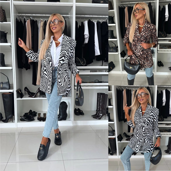 Zebra Print A-Line Blazer with Suit Collar