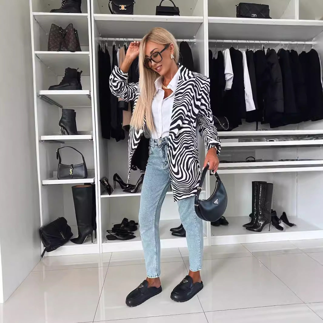 Zebra Print A-Line Blazer with Suit Collar