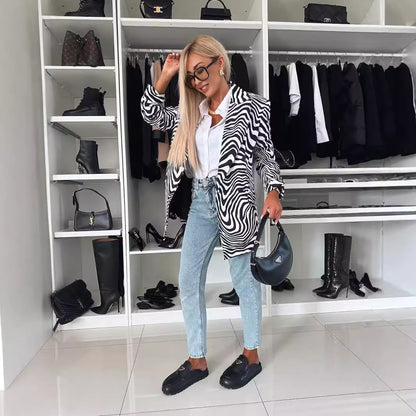 Zebra Print A-Line Blazer with Suit Collar