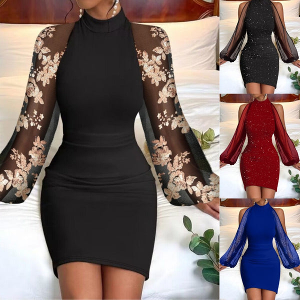 Bodycon Mini Dress with Sheer Floral Lantern Sleeves