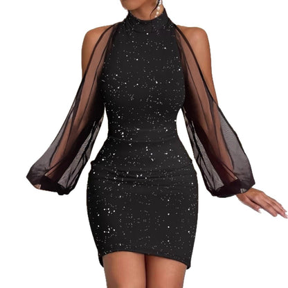 Bodycon Mini Dress with Sheer Floral Lantern Sleeves