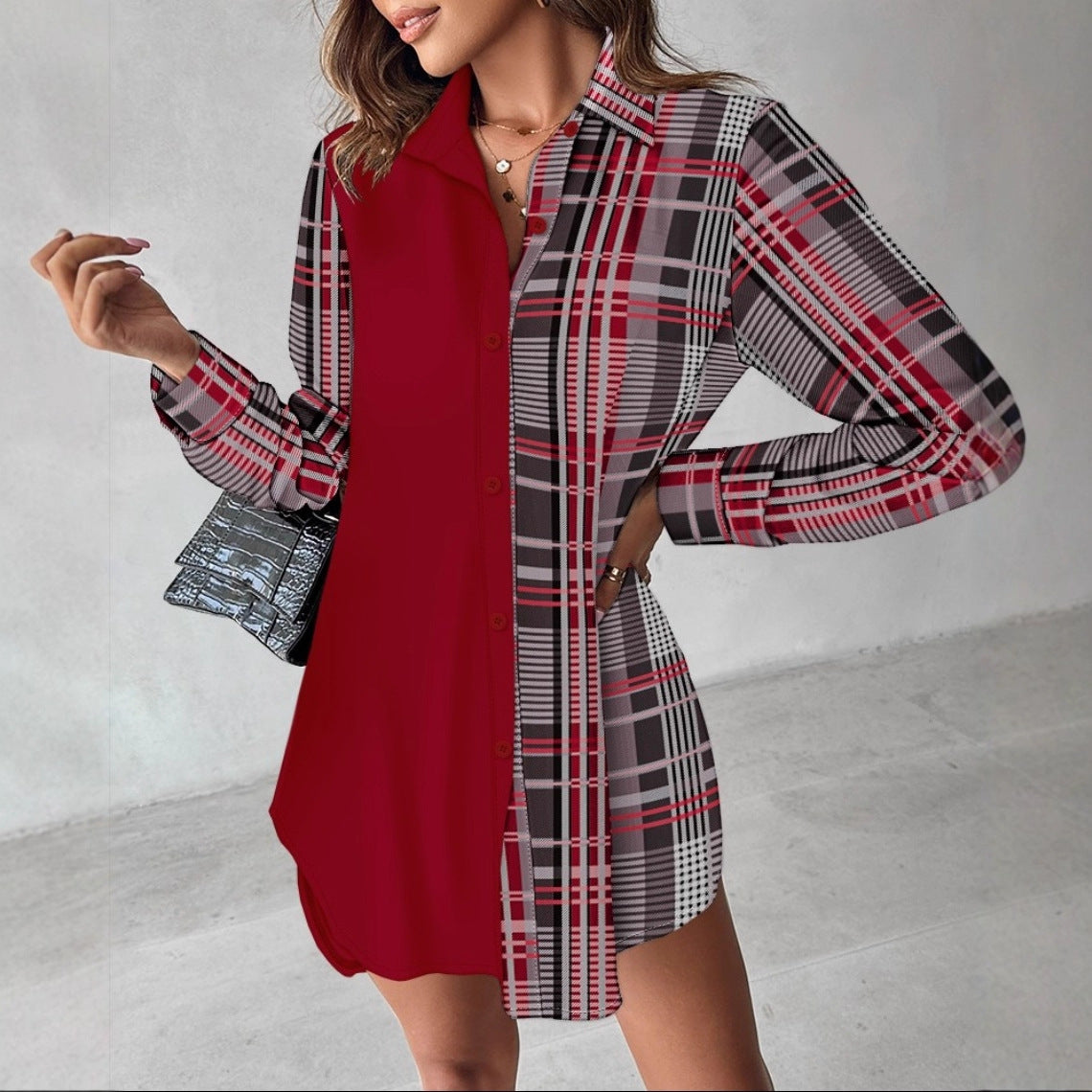 Color Block Mini Shirt Dress with Button Front