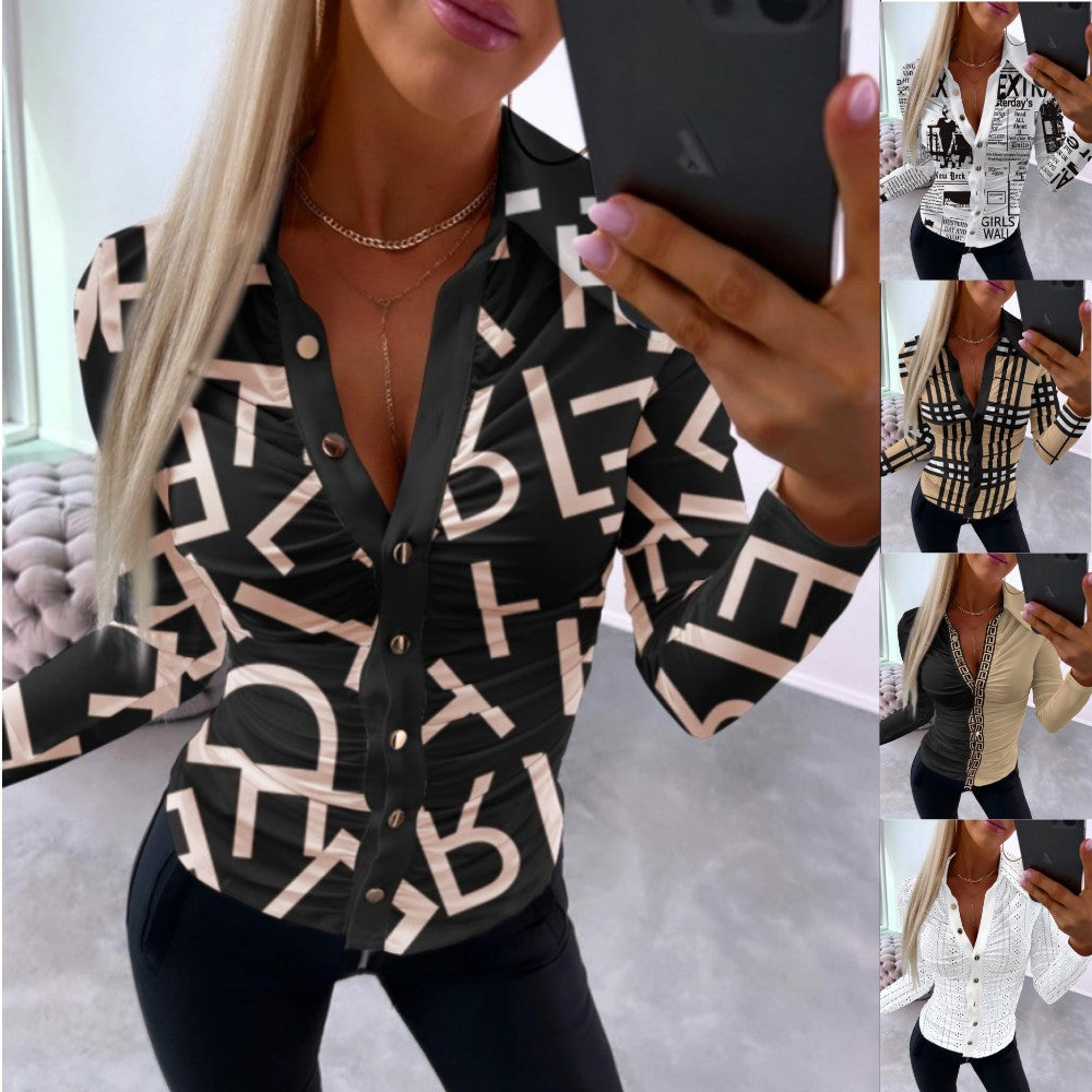 Fitted Printed Shirt with V-Neck and Ruched Detail