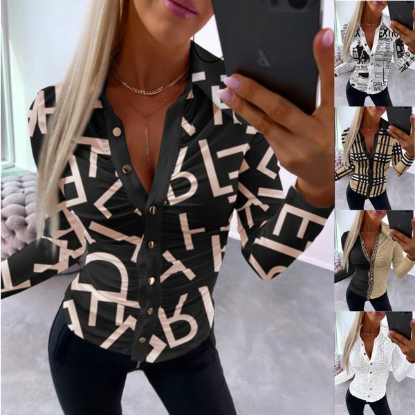 Fitted Printed Shirt with V-Neck and Ruched Detail