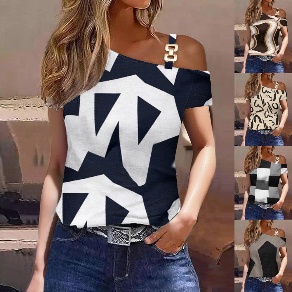 Geometric Print One-Shoulder Top with Metal Buckle