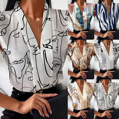 Abstract Print Sleeveless Blouse with V-Neck