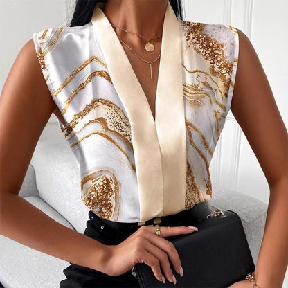 Abstract Print Sleeveless Blouse with V-Neck