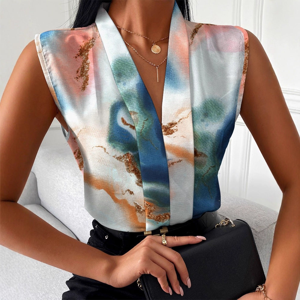 Abstract Print Sleeveless Blouse with V-Neck