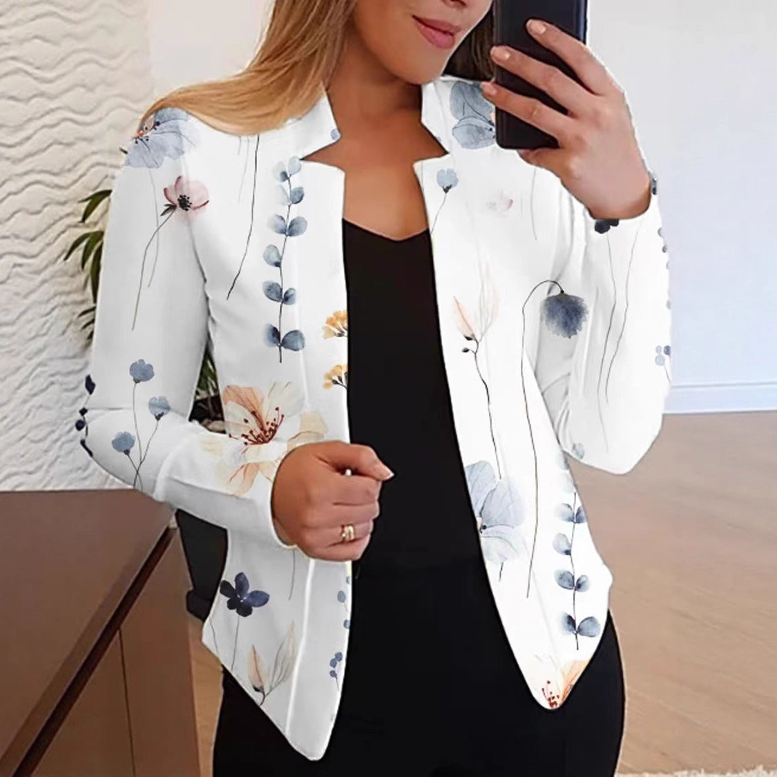 Floral Print Slim Fit Blazer with Stand Collar