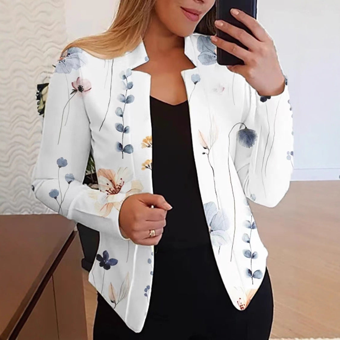 Floral Print Slim Fit Blazer with Stand Collar