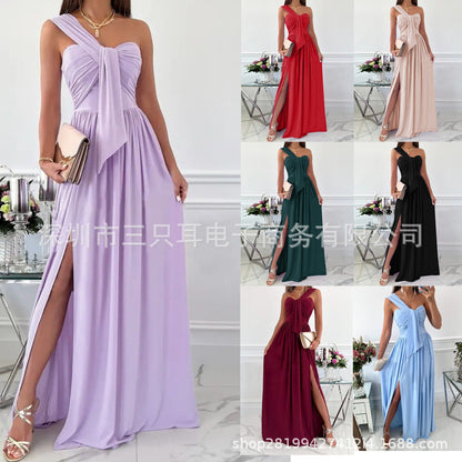 Solid Maxi Dress with One-Shoulder Knot Detail and Side Slit