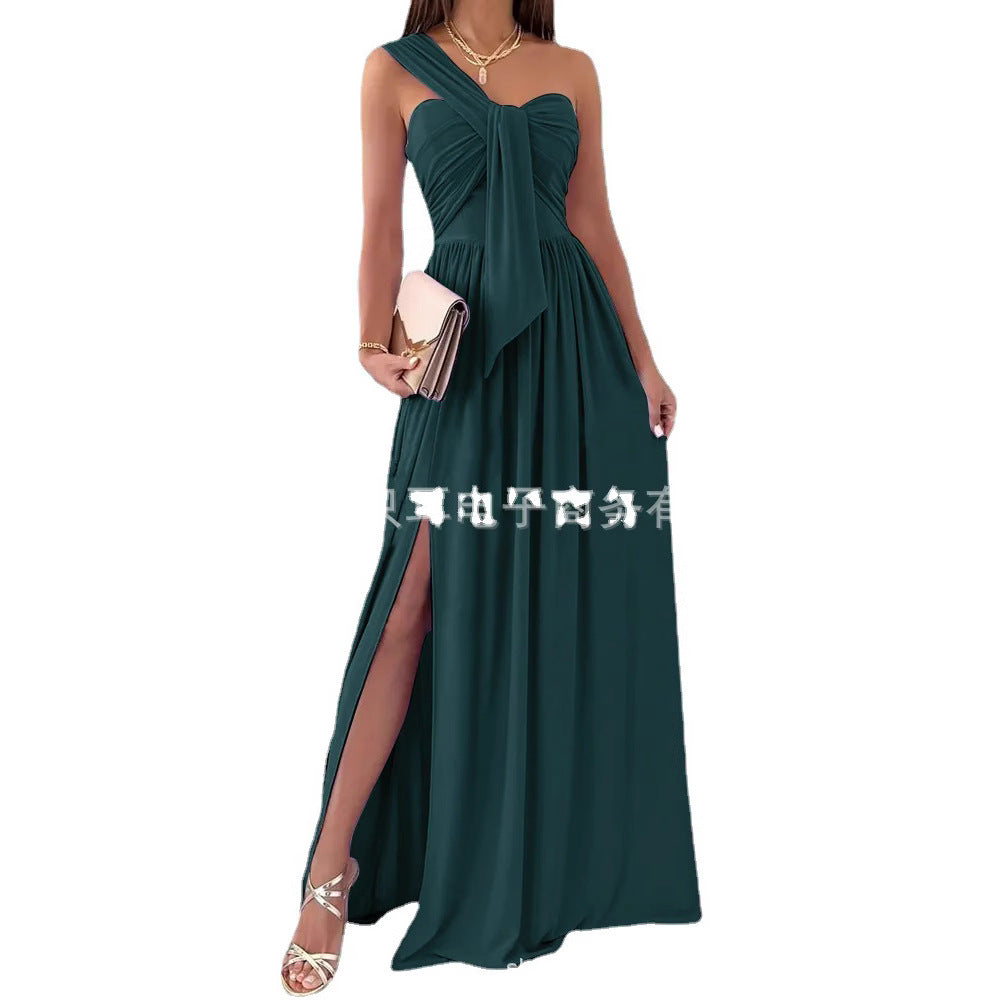 Solid Maxi Dress with One-Shoulder Knot Detail and Side Slit