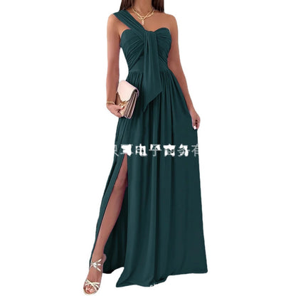 Solid Maxi Dress with One-Shoulder Knot Detail and Side Slit