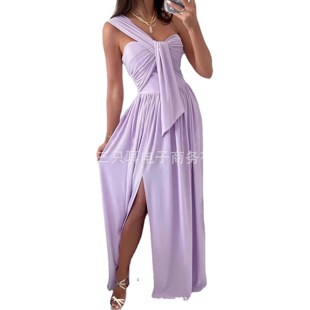 Solid Maxi Dress with One-Shoulder Knot Detail and Side Slit