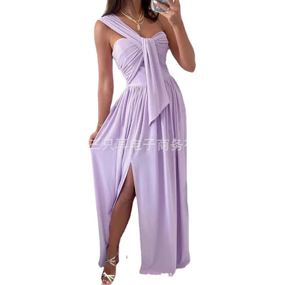 Solid Maxi Dress with One-Shoulder Knot Detail and Side Slit