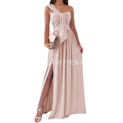 Solid Maxi Dress with One-Shoulder Knot Detail and Side Slit