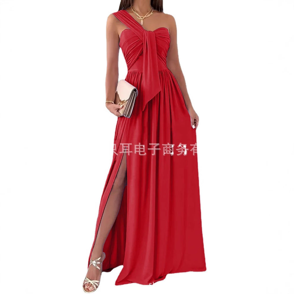 Solid Maxi Dress with One-Shoulder Knot Detail and Side Slit