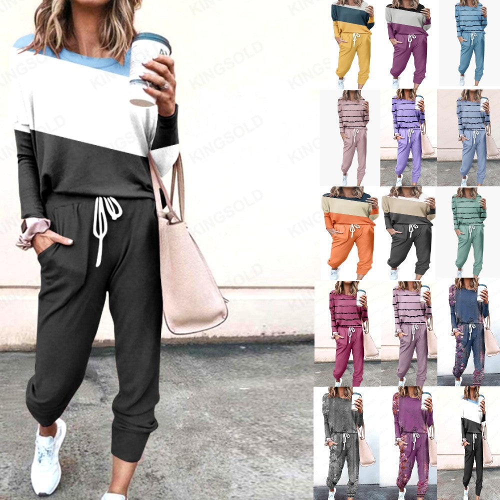 Spliced Long Sleeve Loungewear Set with Jogger Pants