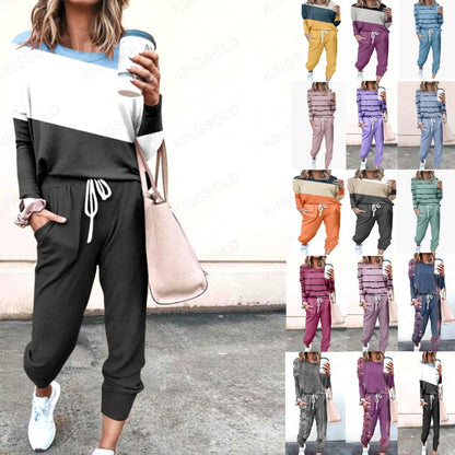 Spliced Long Sleeve Loungewear Set with Jogger Pants