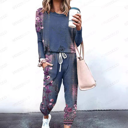 Spliced Long Sleeve Loungewear Set with Jogger Pants