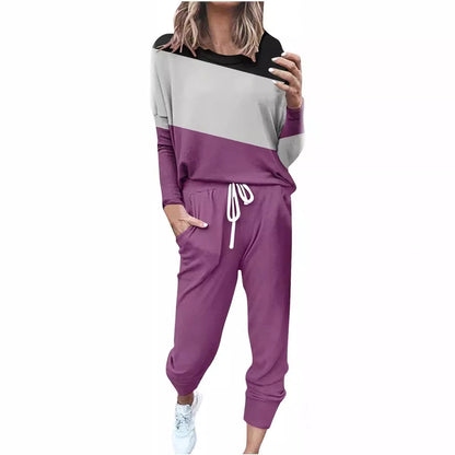 Spliced Long Sleeve Loungewear Set with Jogger Pants