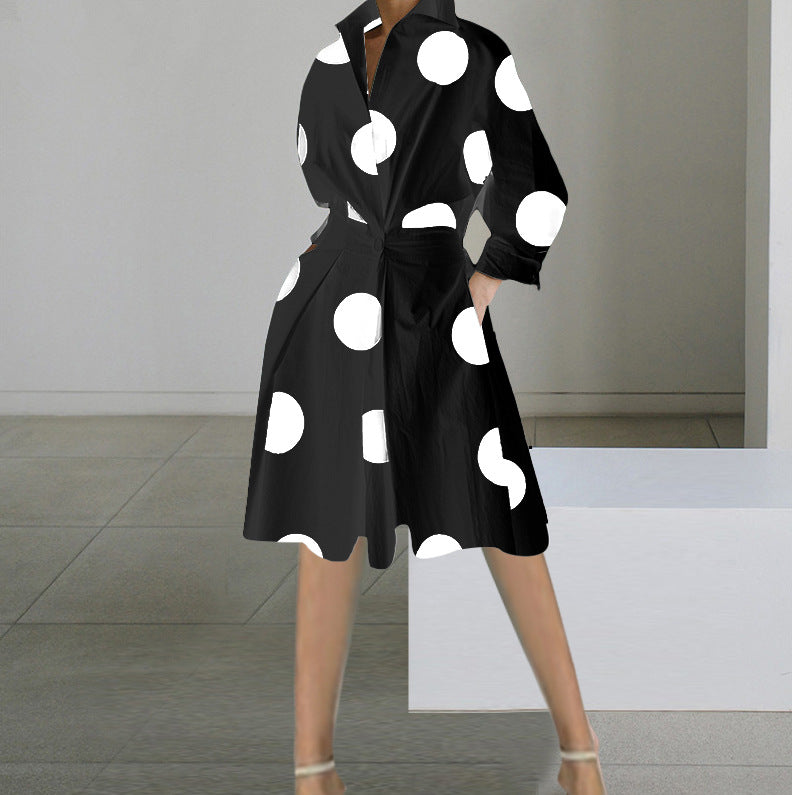 Printed A-Line Midi Dress with V-Neck and Long Sleeves