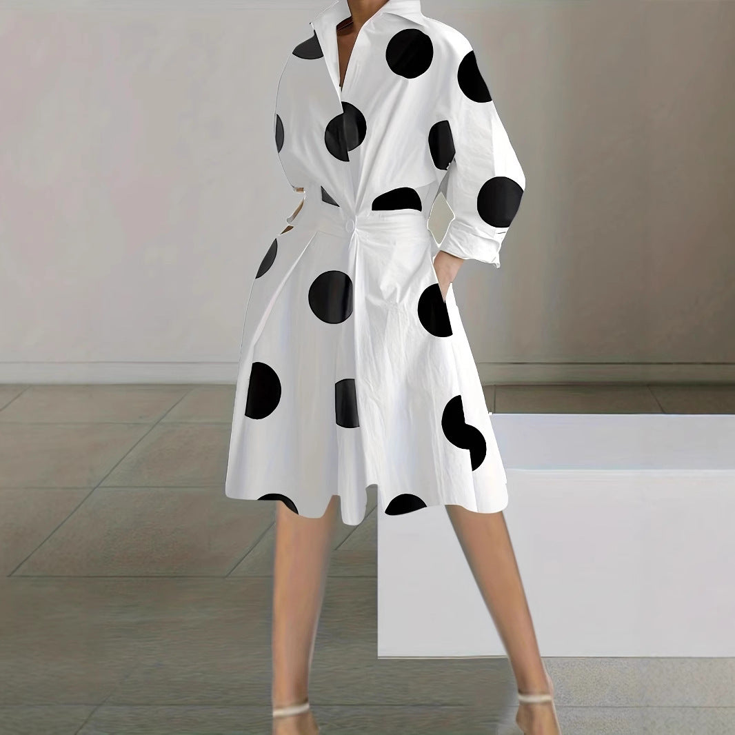 Printed A-Line Midi Dress with V-Neck and Long Sleeves