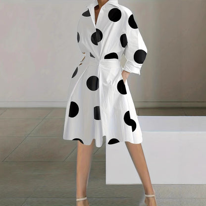 Printed A-Line Midi Dress with V-Neck and Long Sleeves