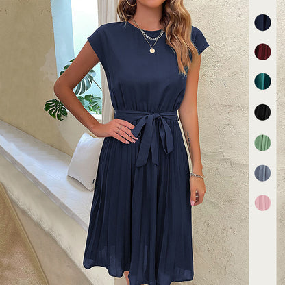 Solid Pleated Midi Dress with Tie-Waist and Cap Sleeves